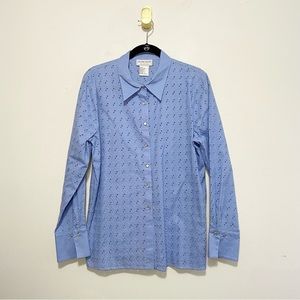 Victor Costa Occasion Vintage Blue Eyelet Cutout Long Sleeve Button Down Top